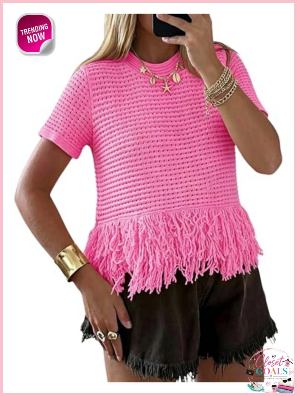 Boho Crochet Fringe Short Sleeve Sweater Pullover Cropped Top